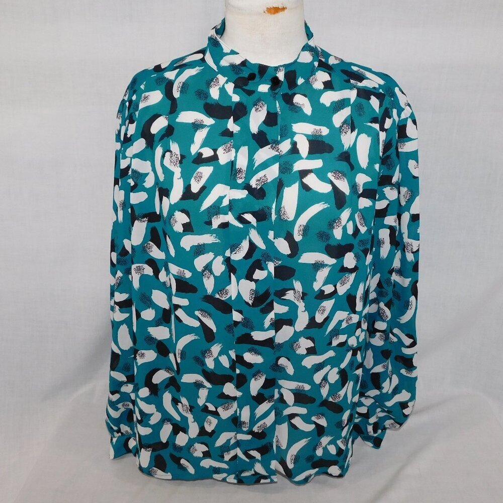 VTG 80s Marjorie Hamilton Teal Black White Pattern Sheer Blouse Womens 40 / XL